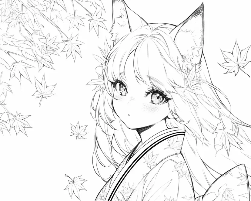 秋風の中の狐耳少女の塗り絵