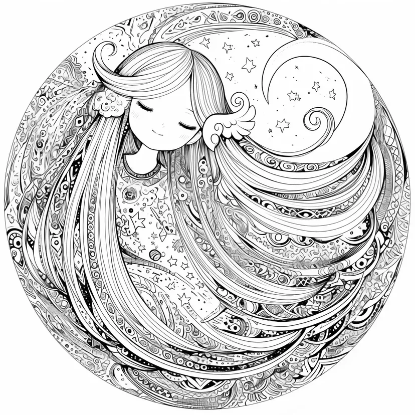 Dibujo de Chica Soñadora y Noche Estrellada para colorear