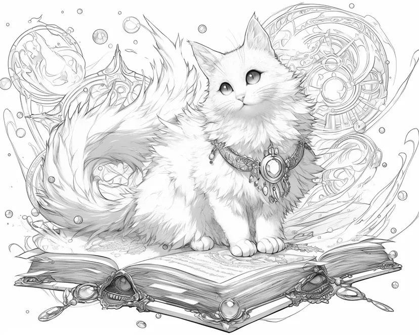 Dibujo de Gato Blanco Místico y el Libro Flotante para colorear