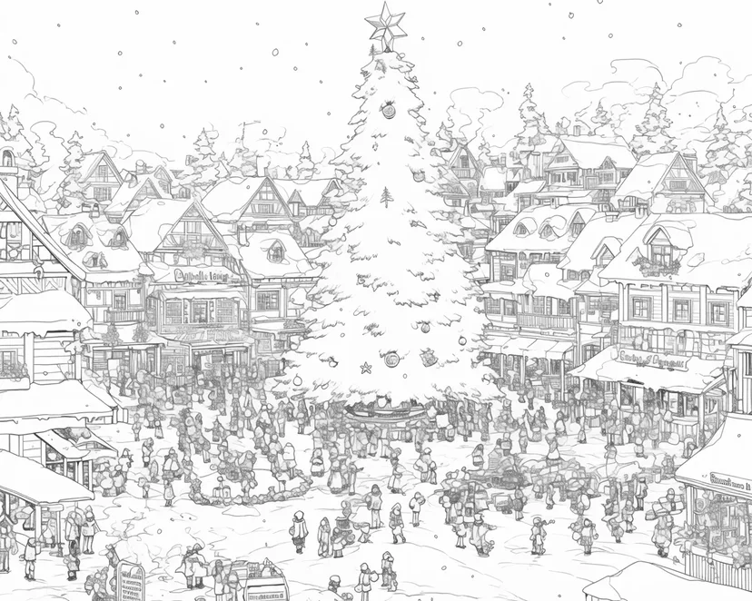 クリスマスの町の広場の塗り絵