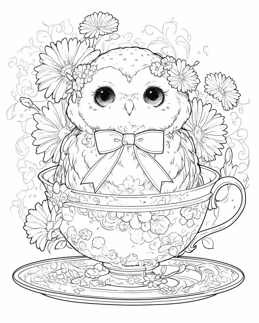 Dibujo de Búho en una Taza de Té Floral para colorear