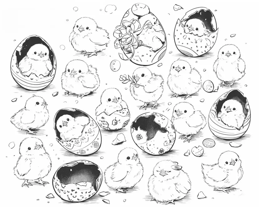 カラフルなたまごから生まれたひよこたちの塗り絵