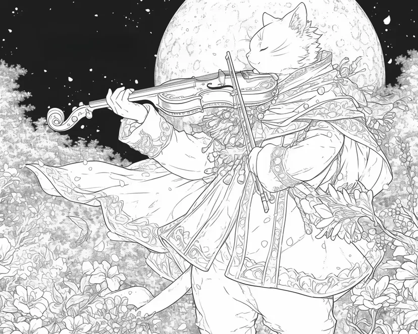Dibujo de Gato Violinista a la Luz de la Luna para colorear