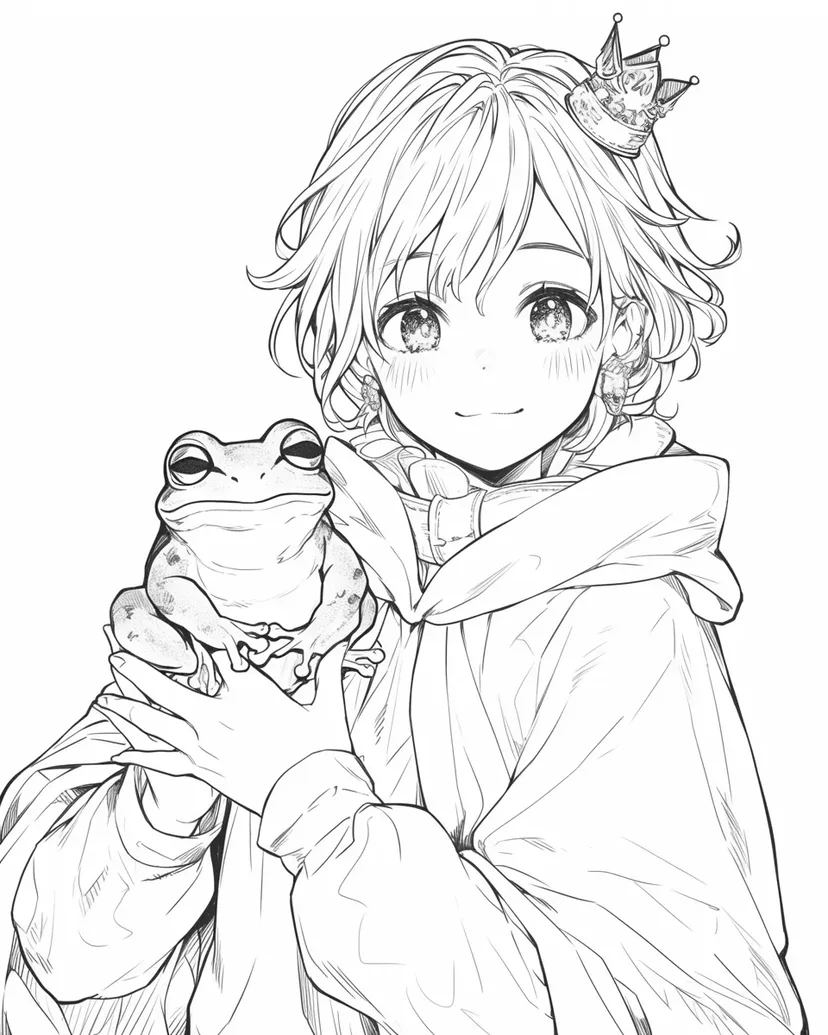 王冠をかぶったカエルと少女の塗り絵