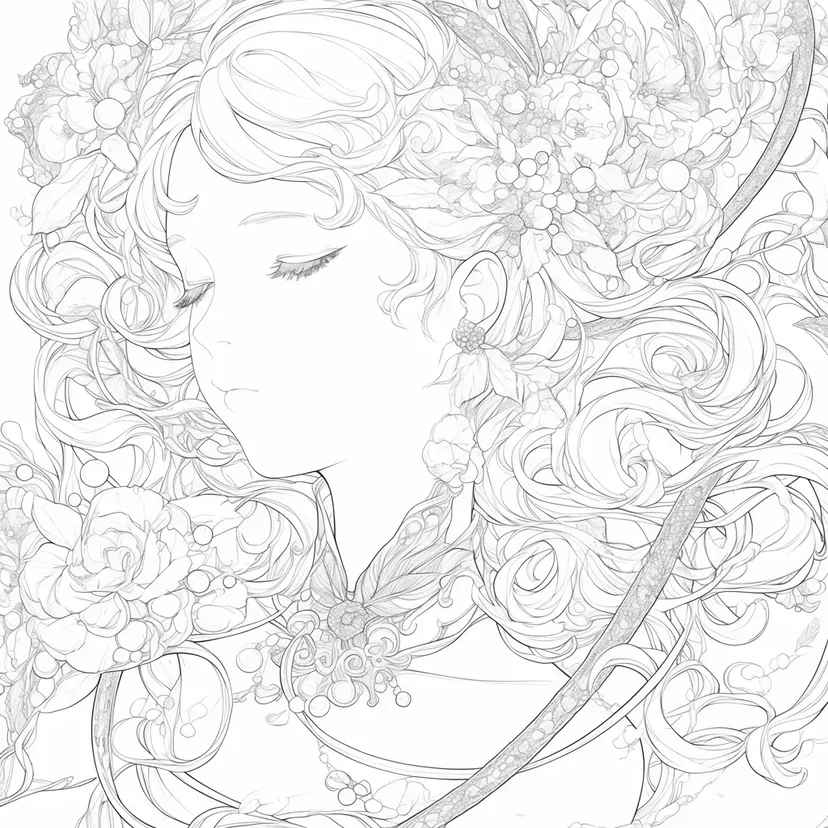 花に囲まれた少女の塗り絵
