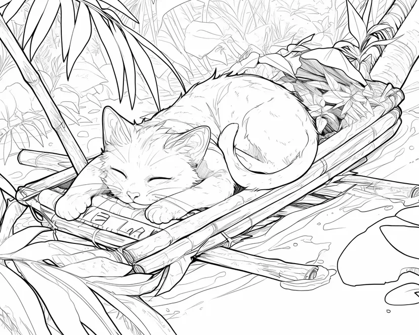 Cat Sleeping on a Leaf coloring page
