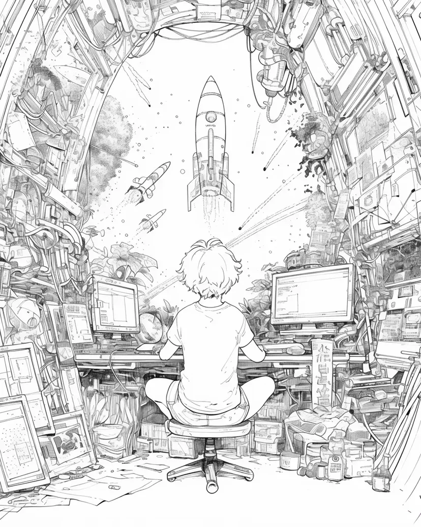 Dibujo de Niño Soñando con el Espacio para colorear