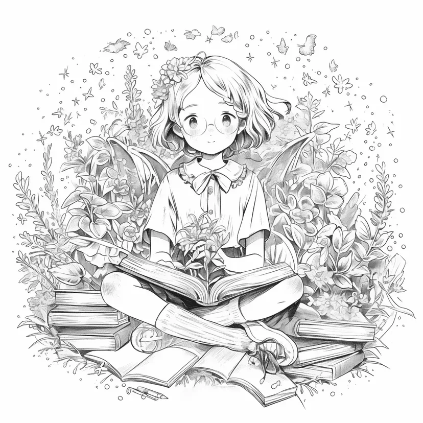 花に囲まれた読書の少女の塗り絵