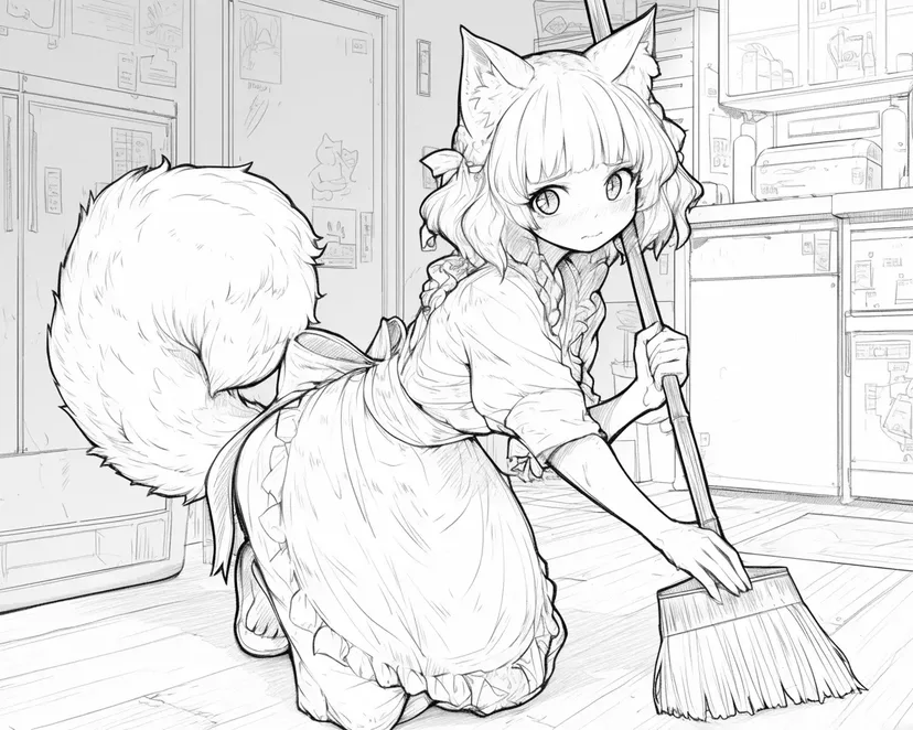 Dibujo de Chica con Orejas de Gato Limpiando para colorear
