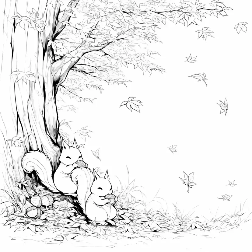 Desenho de Esquilos em um Dia de Outono para colorir