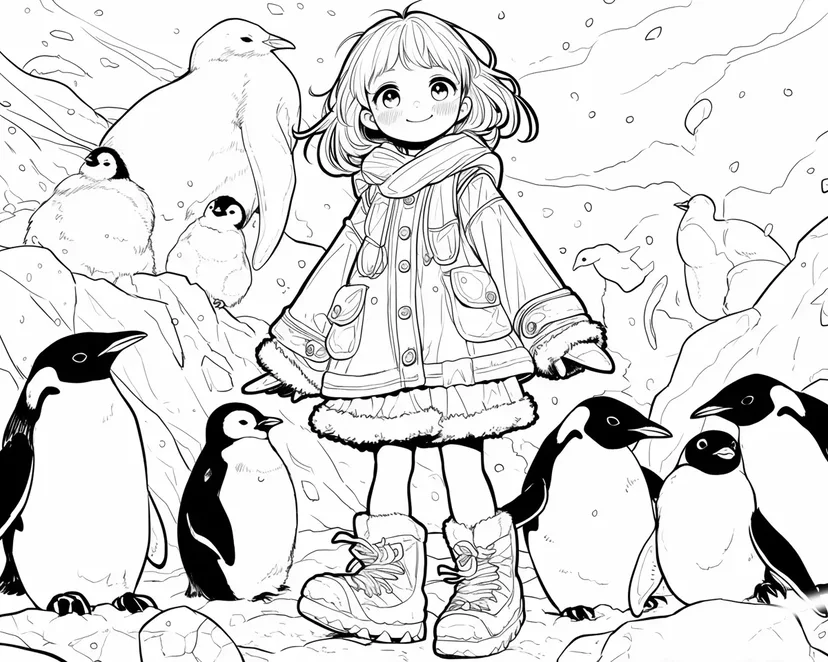 ペンギンと冬の少女の塗り絵