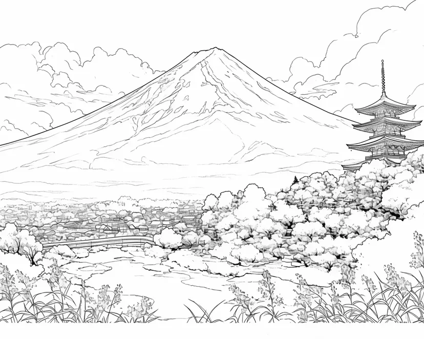 Dibujo de Amanecer Sobre el Monte Fuji para colorear