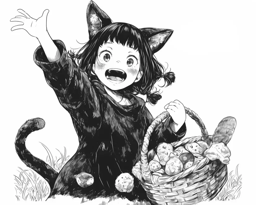 猫の少女とお菓子のバスケットの塗り絵