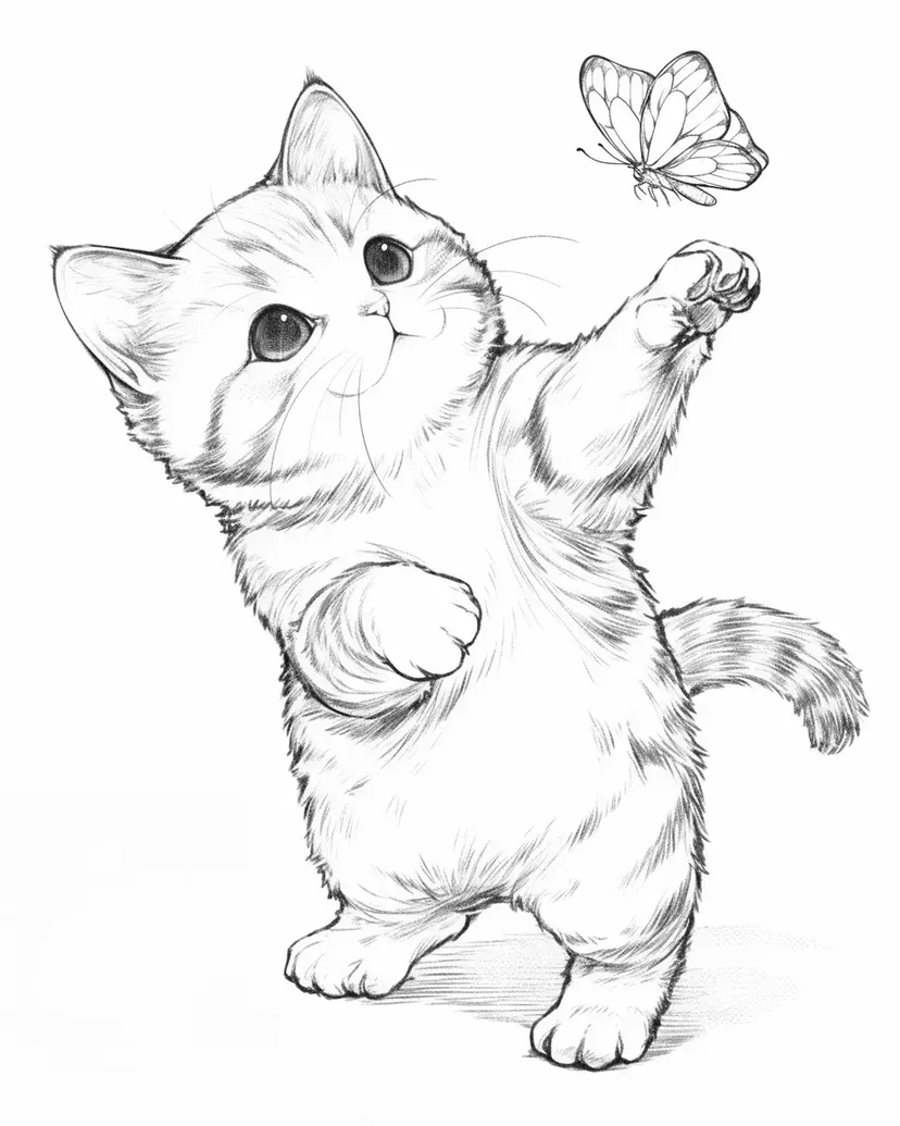 追逐蝴蝶的小猫涂色页