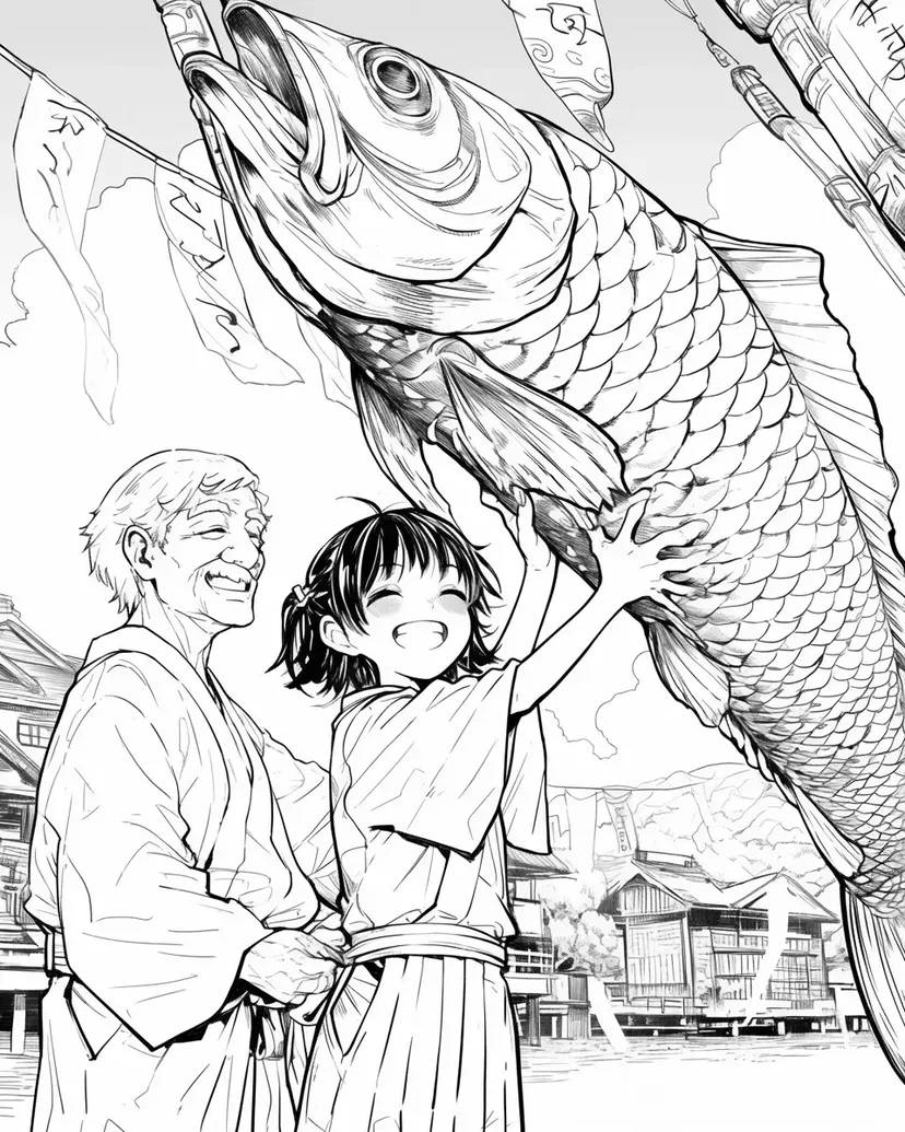 鯉のぼりと祖父と孫の塗り絵