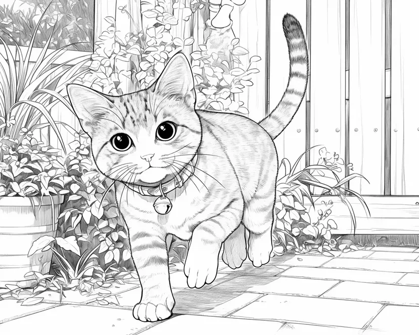 花园中漫步的可爱猫咪涂色页