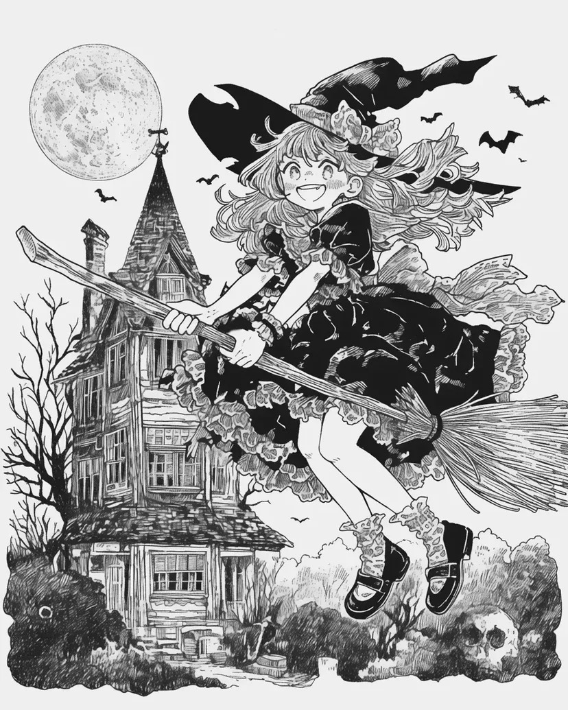 The Little Witch Soaring in the Sky coloring page